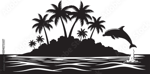 Tropical island with leaping dolphin Vector