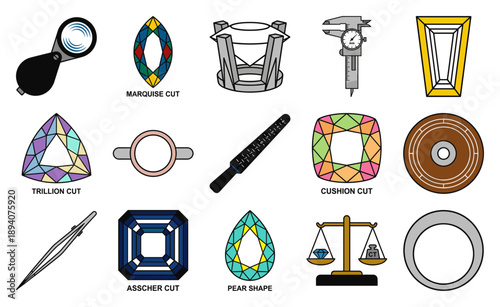 Flat Vector Gemology Jewelry Tools and Gemstone Cuts Asset Sheet for Diamond Grading Professionals