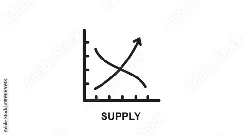 Supply and Demand Graph in Simple Black Line Art on White Background with Ascending and Descending Curves for Economics Illustration