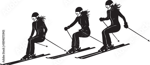 Three skiers demonstrating various skiing techniques on a snowy slope Vector