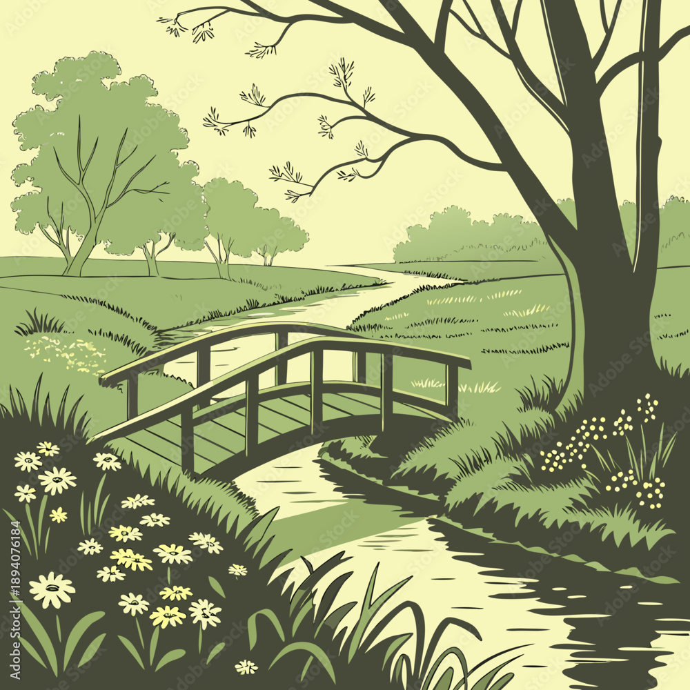 Fototapeta premium Small Bridge Over Calm Spring Stream with Lush Green Plants