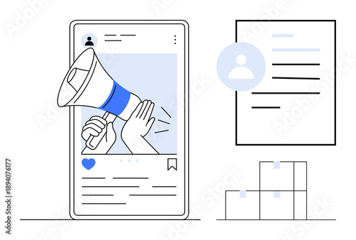 Online marketing, digital campaigns, social media branding, content promotion, user engagement, targeted advertising. Illustration of a smartphone with a megaphone graphic and interface elements