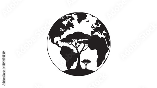 Black and white illustration of earth with trees symbolizing global environmental conservation efforts and sustainability initiatives worldwide.