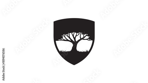 Minimalist shield logo featuring a tree silhouette symbolizing protection and nature in a simple design concept perfect for eco friendly branding