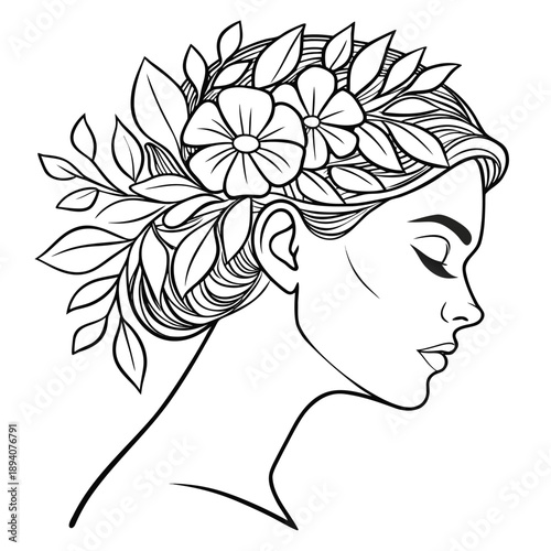 Elegant woman with floral hair adornment and serene expression