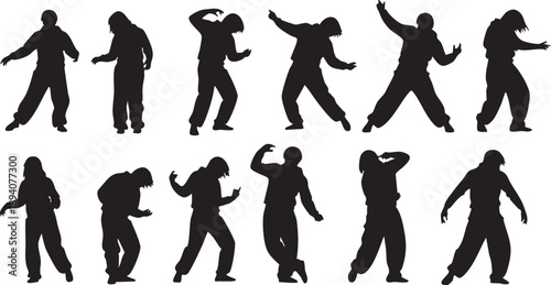 Collection of twelve dancing people silhouettes in various poses on transparent background