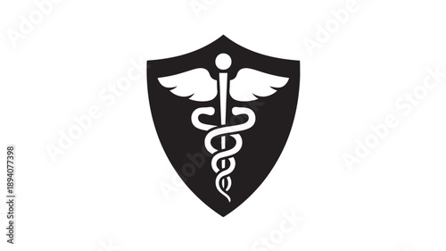 Medical Caduceus Symbol on Protective Shield Silhouette for Healthcare Insurance Security and Professional Clinic Design