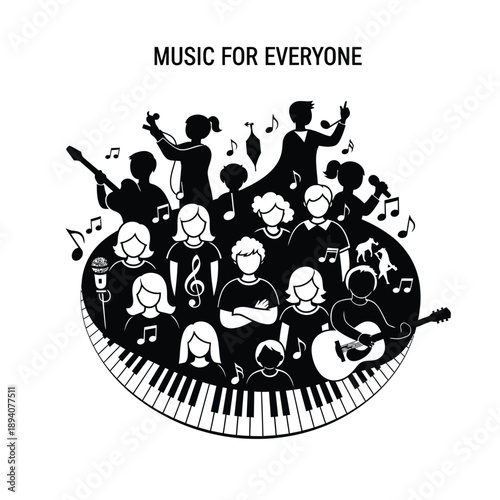 Illustration depicting a diverse group of people engaged in various musical activities, set against a piano keyboard background with musical notes.