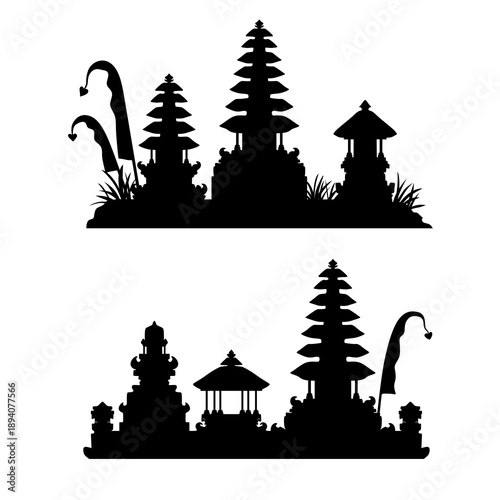 Balinese Hindu Temple Silhouette Landscape with Meru Towers and Penjor