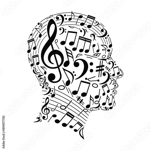 An illustration of a head composed entirely of music notes and symbols.