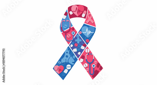 Abstract Health Awareness Ribbon Graphic Showcasing a Mosaic of Medical, Science, and Wellness Icons for Comprehensive Support, Research, and Public Health Initiatives