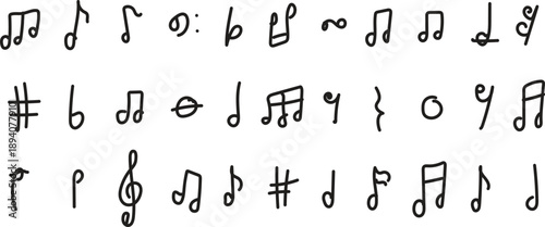 Collection of Minimalist Hand Drawn Music Notes and Flat Notation Symbols