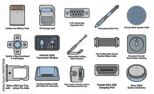 Flat Vector Retro Handheld Electronics Hardware Component Graphic Set for Engineering Technical Documentation