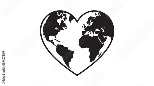 Heart Shaped World Map Silhouette for Global Love Peace and International Unity Concept Isolated on White Background