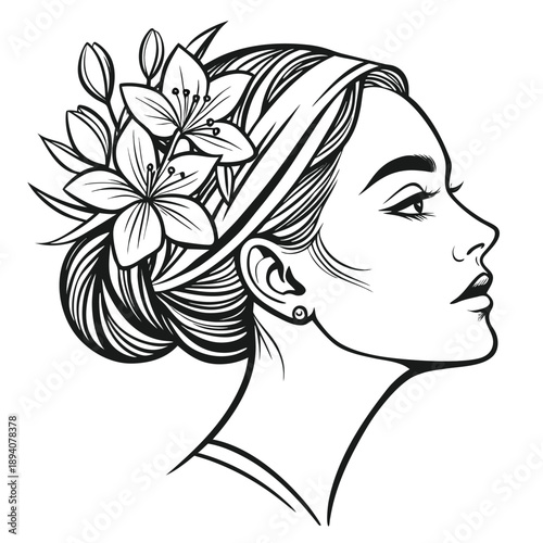 Elegant woman with floral hair accessory in stylish updo