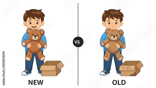 Comparison of a boy holding a brand new teddy bear and an old worn out teddy bear to show the passage of time.