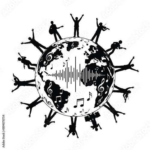 A black and white illustration featuring a globe with musical notes and symbols. Surrounding the globe are silhouettes of people playing various musical instruments, representing global unity and harm