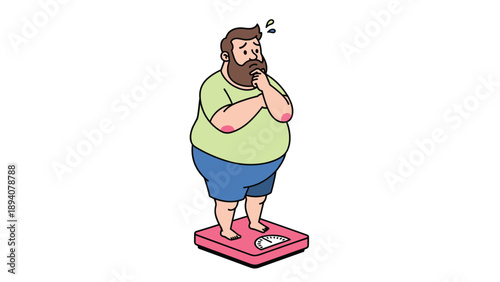 Concerned overweight man standing on a weighing scale and thinking about his health and fitness goals for weight loss.