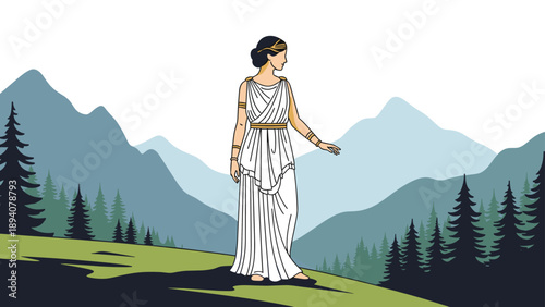 Elegant woman dressed in a classic ancient greek chiton stands gracefully on a hillside with distant mountains and pine trees.