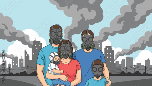 Concerned family wearing protective gas masks stands before a polluted urban cityscape filled with thick grey industrial smoke.