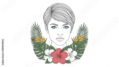 Stylized portrait of a beautiful woman with short blonde hair surrounded by tropical leaves and bright hibiscus flowers.