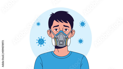 Concerned man wearing a professional gray respirator mask surrounded by floating virus icons in a light blue circle.