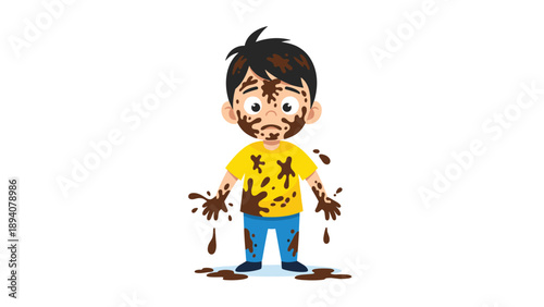 Small boy covered in mud from head to toe with dirty splashes on his face hands and clothes sits on a white background.
