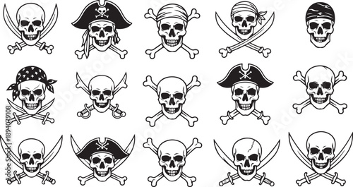 Collection of pirate skulls and crossbones symbols Vector