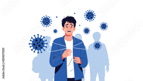 Worried man standing in a crowded public place surrounded by virus icons to symbolize the risk of infection and public health concerns.