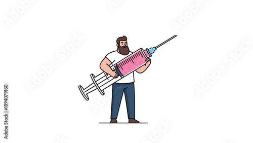 Strong man with a beard holding a giant medical syringe filled with pink liquid to represent vaccination and healthcare awareness campaigns.