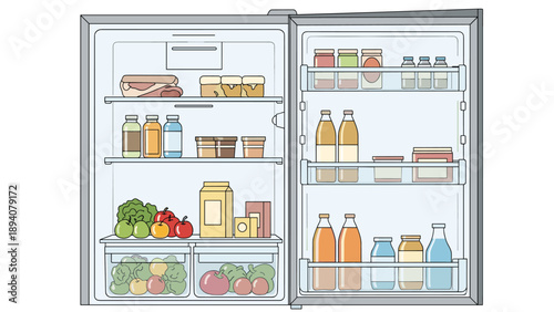 Open household refrigerator neatly organized and stocked with various healthy foods like fruits, vegetables, milk, juice, and containers.