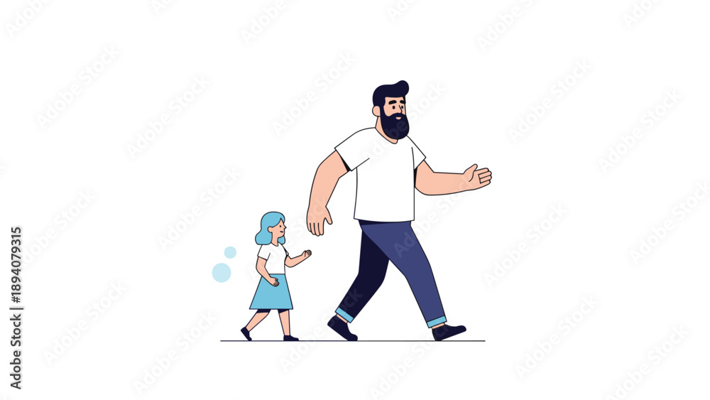 Obraz premium Loving father and his young daughter walking together hand in hand against a clean white background to represent family and parenthood.