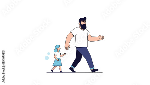 Loving father and his young daughter walking together hand in hand against a clean white background to represent family and parenthood.