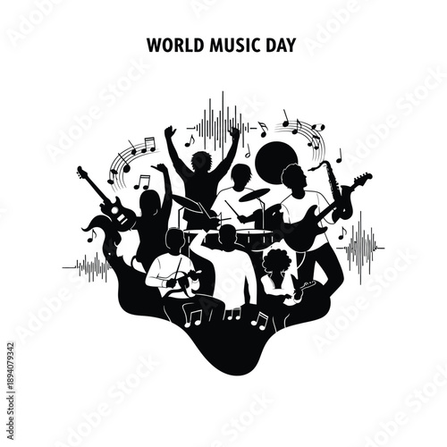Illustration celebrating World Music Day with a group of people playing various musical instruments and enjoying the music.