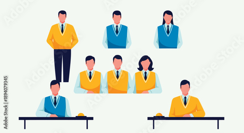 Group of multicultural business professionals in formal yellow and blue vests seated and standing during a corporate or legal proceeding in a modern