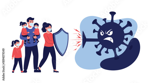 Courageous mother protecting her family with a shield against a large menacing virus creature while everyone wears safety masks.