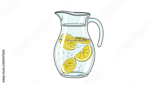 Clear glass pitcher filled with refreshing water and several bright yellow lemon slices showing detail and soft reflections.