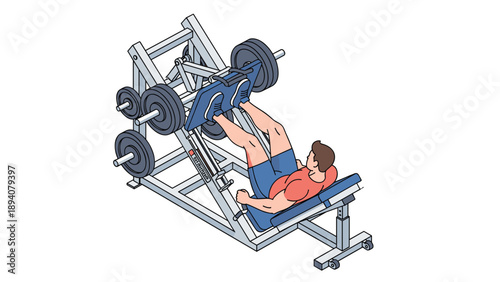 Fit man training his legs using a heavy duty leg press machine in a modern gym setting shown from an isometric perspective.