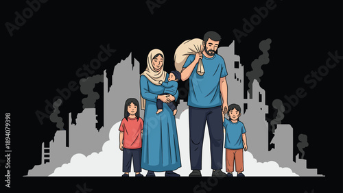 Refugee family carrying their belongings through the ruins of a destroyed city while fleeing from conflict and war zones.