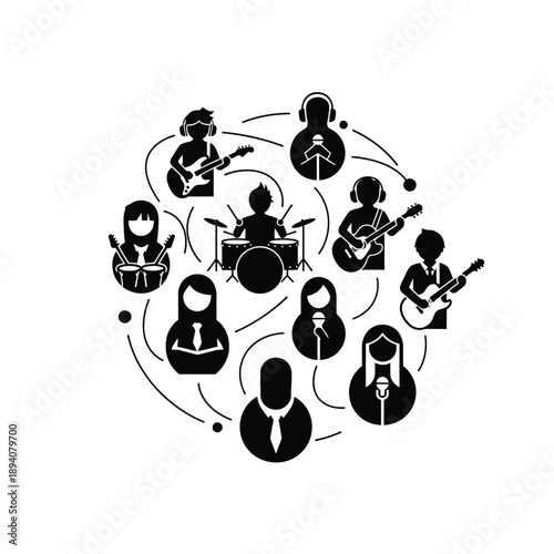 A black and white illustration of a band performing together, featuring various musicians playing instruments such as guitars, drums, and microphones.