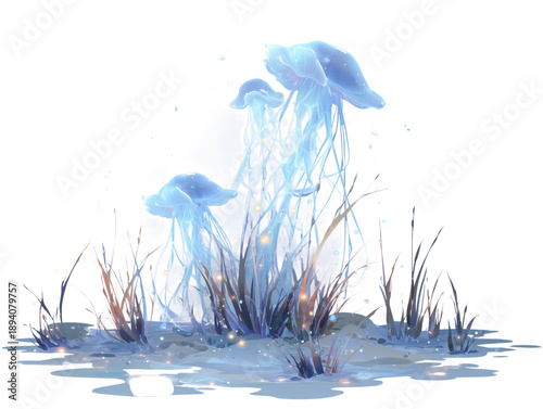 Ethereal, glowing jellyfish gracefully drift amidst an oasis of reeds