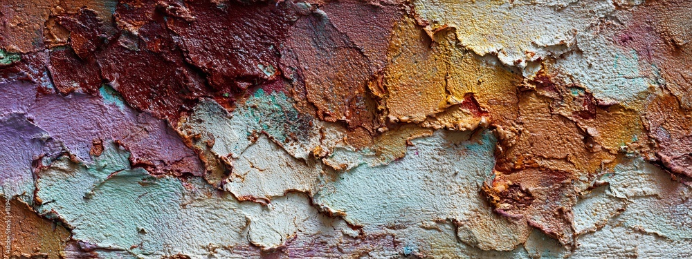 Fototapeta premium Abstract Textured Background with Scraped Paint Technique in Multicolored Hues of Orange, Blue, and Purple