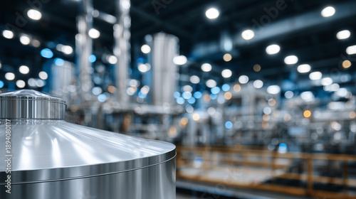 Industrial dairy processing facility with defocused automated equipment, stainless steel pipes and tanks, food manufacturing systems in operation, sterile production infrastructure