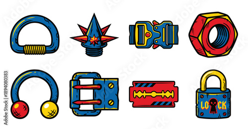 Grungy Punk Rock Accessories Element Kit in Vintage Comic Style for Alternative Lifestyle Branding