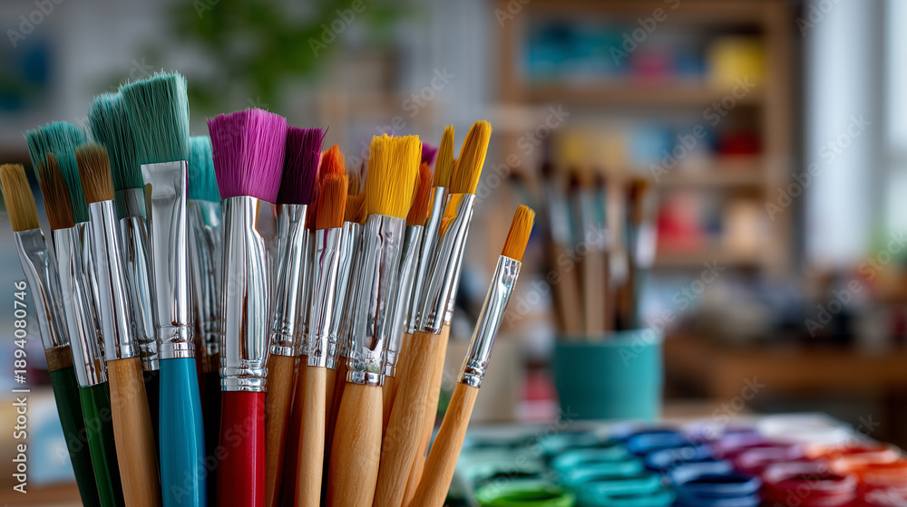 Fototapeta premium Paintbrushes standing upright in artistic display at stationery shop, natural and synthetic bristles, defocused background with school and hobby materials, shallow depth of field,