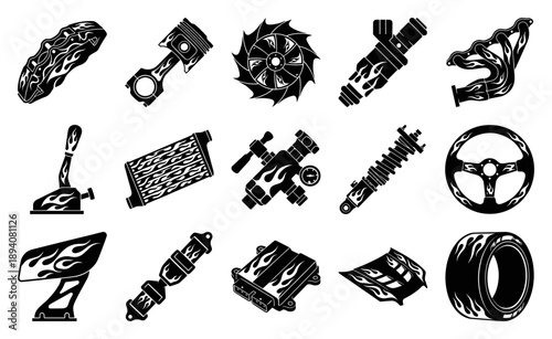 Stylized Hot Rod Flame Performance Part Asset Sheet for Automotive Customization Design