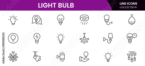 Light bulb idea line icons. Vector electric energy lamps and lightbulbs isolated outline symbols for creative solution, idea, innovation and inspiration concept.