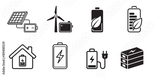 Renewable energy storage icon set. Green power battery, solar panel, wind turbine, and charging accumulator symbols.