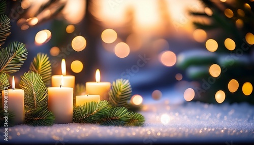 Christmas Tree Branches Close Up With Candles And Bokeh Lights Festive Card Copy Space