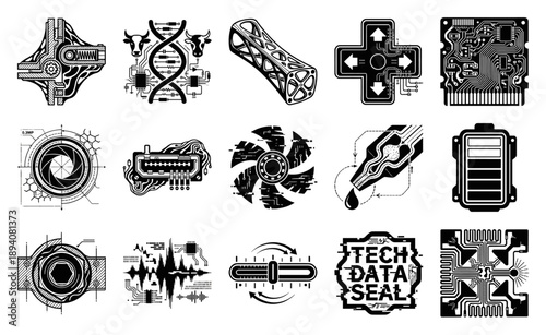 Industrial Woodcut Cybernetic Engineering Element Kit for Futurist Biotechnology and Mechanical Schematic Design